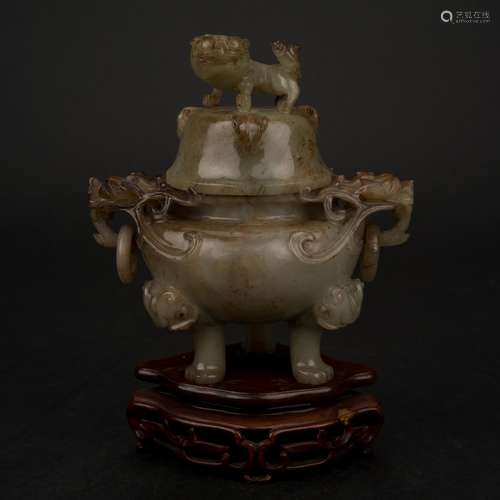 CARVED JADE COVERED TRIPOD CENSER ON STAND