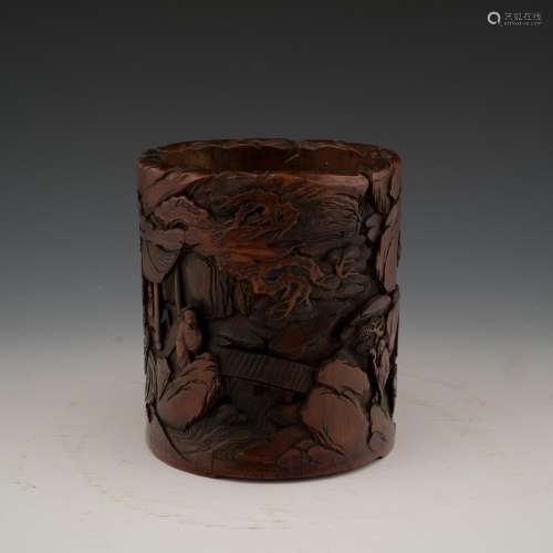 CARVED SCHOLAR IN THE FOREST BAMBOO BRUSH POT
