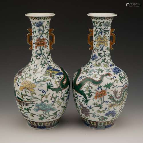 PAIR JIAQING DOUCAI DRAGON PHOENIX AMPHORA VASES