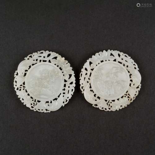 A SUPERB PAIR WHITE JADE FOUR SEASONS AMULET PENDANTS