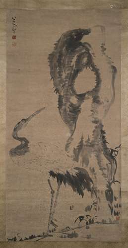 17TH C BADA SHANREN HERON SCROLL PAINTING