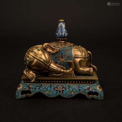 QING DYNASTY GILT BRONZE AND CLOISONNE ELEPHANT