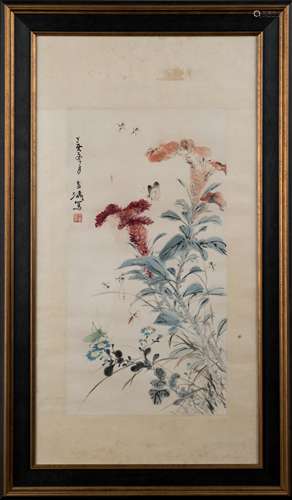 1937, FRAMED WANG XUETAO WILDFLOWERS & INSECTS PAINTING