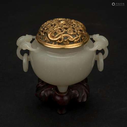 JADE & GILT BRONZE COVERED CENSER ON STAND