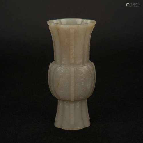 CARVED CHINESE WHITE JADE FLORI-FORM GU VASE