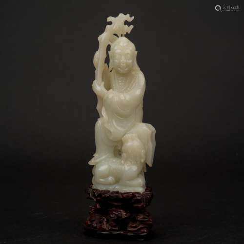 CARVED JADE FIGURE OF LUOHAN PINDOLA ON STAND