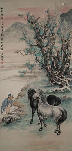 1939, KONG XIAOYU STALLIONS & MAN PAINTING SCROLL