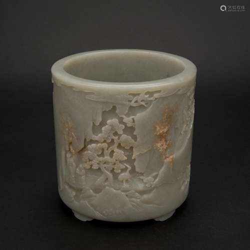 MAGNIFICENT WHITE JADE BRUSH POT ON STAND