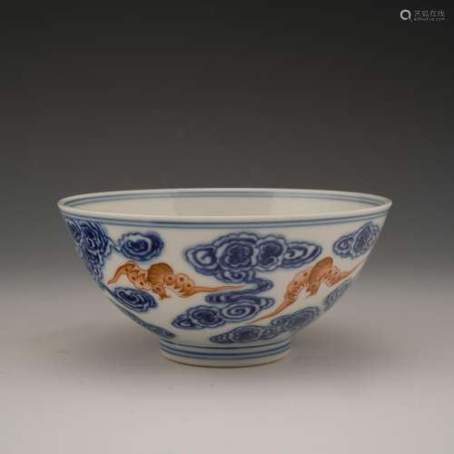 GUANGXU BLUE & RED FU BATS PORCELAIN BOWL