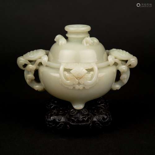 OPEN-WORKS CARVED JADE LIDDED TRIPOD CENSER ON STAND