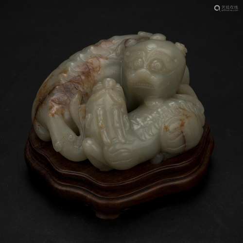 LARGE CHINESE JADE CARVED QILINS ON STAND