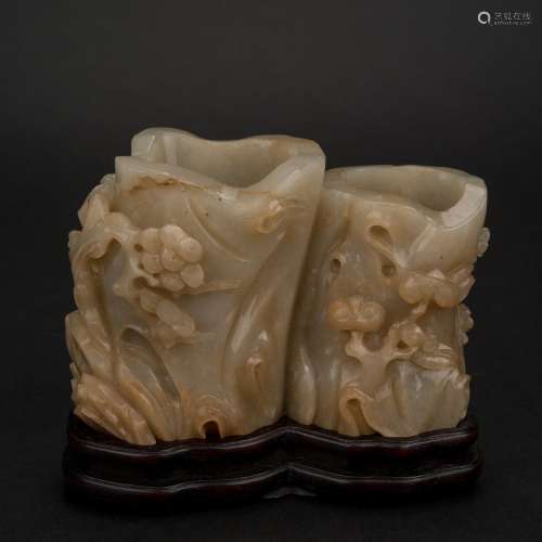 CHINESE JADE CONJOINED BRUSH POT ON STAND