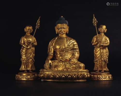 17世纪 铜鎏金释迦牟尼佛与二弟子