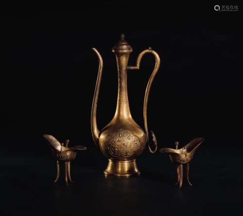 清乾隆 造办处铜鎏金錾花酒壶、爵杯