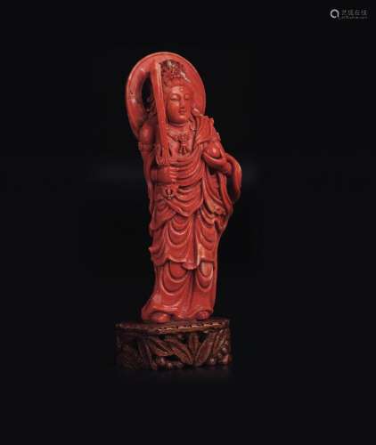 清 红珊瑚雕文殊菩萨立像