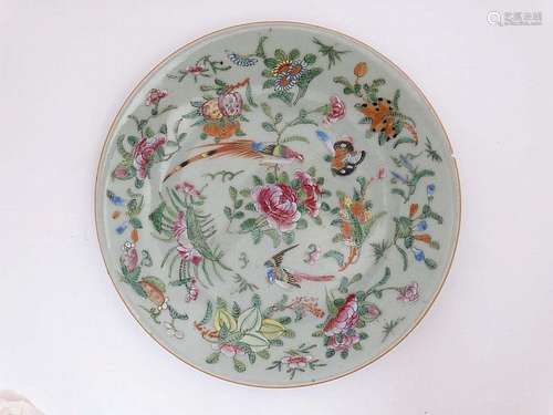 A Chinese Celadon famille rose dish , decorated with exotic birds, butterfl