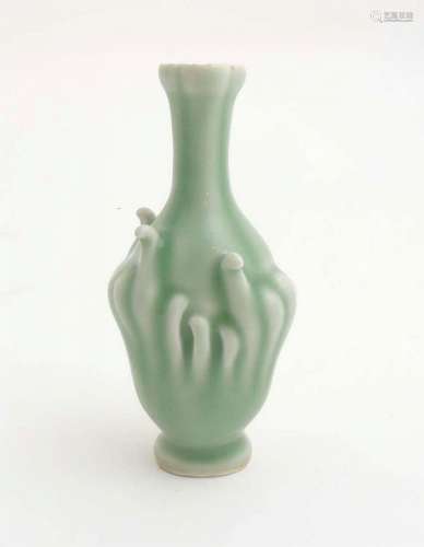 A small Chinese Celadon garlic head vase having stem like tendril decoratio