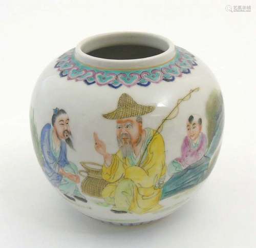 A Chinese Famille Verte ginger jar / pot, depicting a scene with three gene