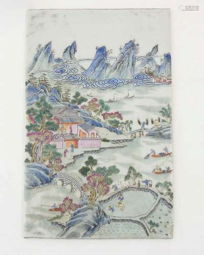 A Chinese Famille Rose enamelled wall plaque depicting a large Oriental sce