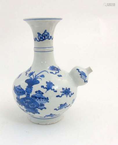 A Chinese blue and white kendi vase with flared rim, decorated with various