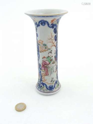 A Chinese Famille Rose vase of tall cylindrical form with flared rim, havin