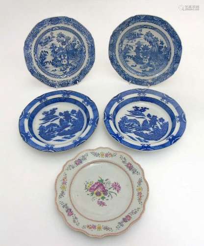 A collection of 5 Chinese plates to include; A pair of blue and white Chine