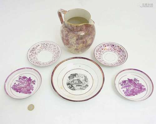 A quantity of 19thC Sunderland pink lustre items comprising a water jug wit