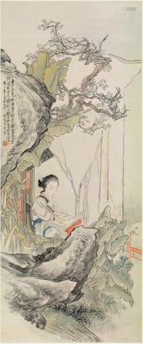 沙馥 1900年作 蕉荫绣鸳 设色纸本 立轴