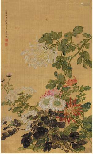 梁德润 1882年 群芳争艳 设色绢本 立轴