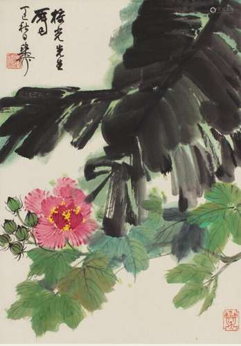 谢稚柳 1977年作 芭蕉芙蓉 设色纸本 立轴