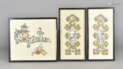 Three 19th Century Chinese embroidered panels, comprising a pair of Peking knott gold thread