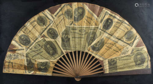Late 18th Century Assignat Fan, double paper leaf printed with paper bills to symbolise the great
