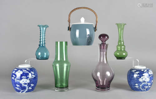 Selection of glassware and ceramics, three glass vases and a decanter, a Poole Pottery biscuit