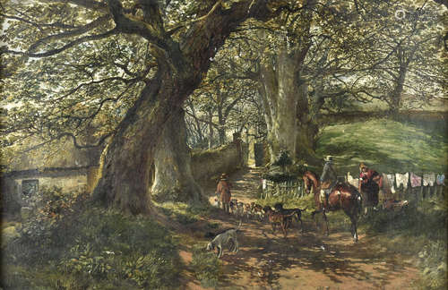 19th Century, English School, oil on canvas, hunting scene in woods, indistinctly signed Jane