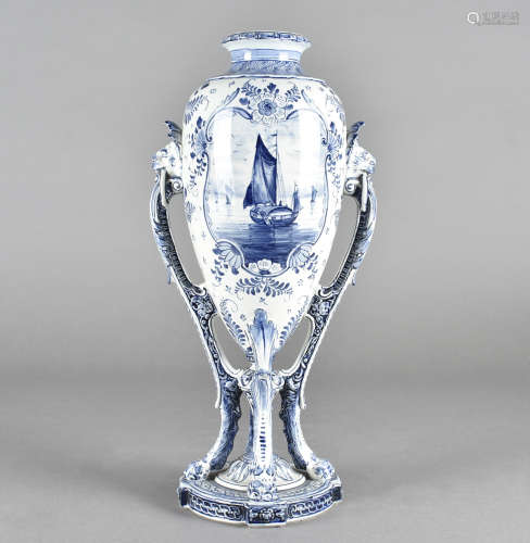 A Royal Bon Delft blue and white late 19th Century pottery vase, painted with maritime cartouche,