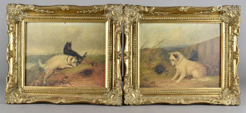 J Langlois 1855-1904, pair of oils on board, terriers, signed lower right, in later frames, 19 cm