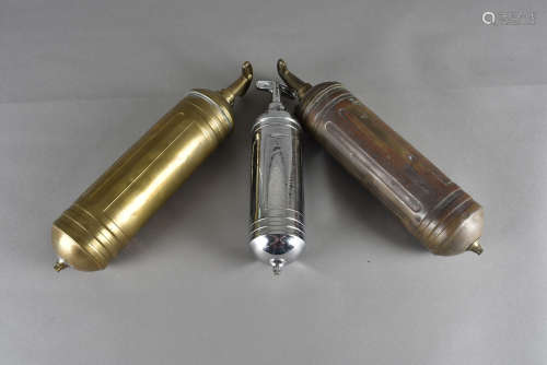 A chromed Junior Pyrene fire extinguisher, complete with contents, together with two vintage brass