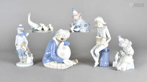 A collection of Spanish porcelain, clown figures, including a Lladro figure of a goose and goslings,