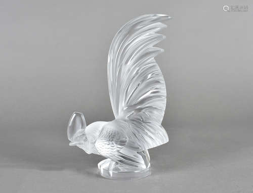 A Lalique frosted glass cockerel, the frosted bird on clear, colourless base with etched signature