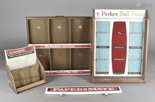 A Parker ball point pen shop display cabinet, and two Papermate pen displays