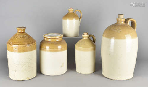 A quantity of stoneware two tone flagons, comprising two 2 Gallon one from H F Withers