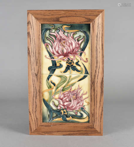 A Moorcroft pottery double tiled picture, tube-lined Montana Cornflower pink pattern in original