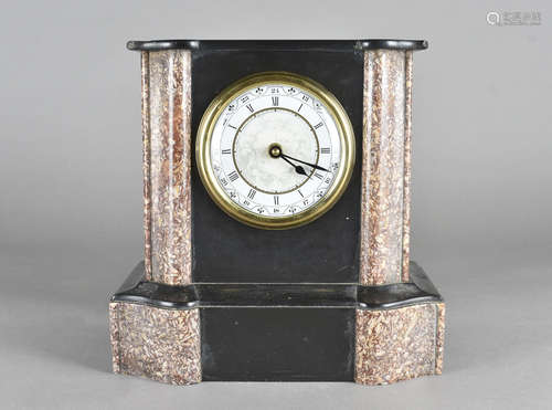 A slate mantel clock, with marbled plaques, modern battery movement, 29 cm wide x 28 cm high x 15 cm