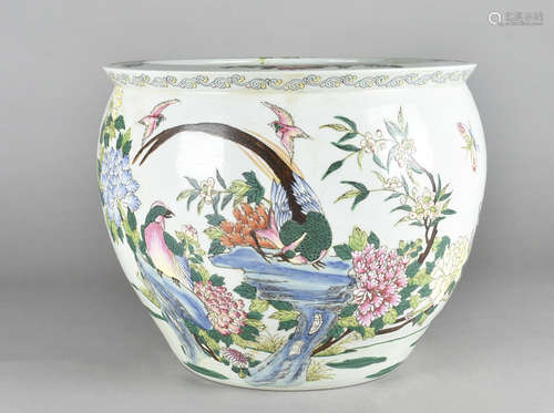 A 19th Century Chinese celadon fish bowl, decorated with asiatic pheasants to exterior, interior