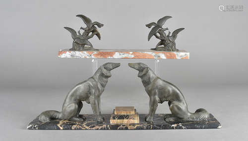 Two art deco centre pieces, both with spelter mounts, one modelled as a pair of dogs, the other as