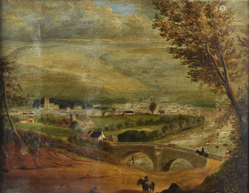 English school early 19th Century, oil on canvas, naïve scene of town landscape with stone bridge in