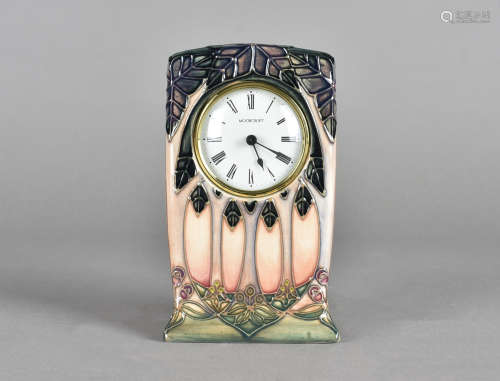 A modern Moorcroft pottery mantel clock, lattice tree design, printed and impressed factory marks to