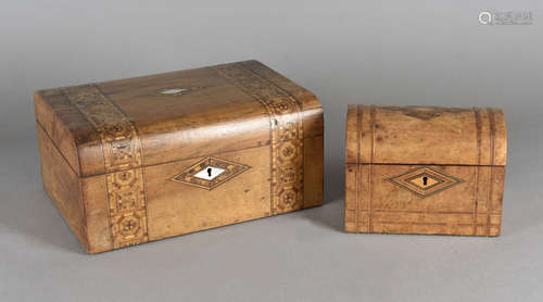 An inlaid dome top tea caddy, 18 cm wide together with a walnut inlaid workbox with af interior 30