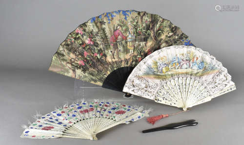 A 19th Century bone and paper leaf hand fan, with printed pastoral scene of couples in a landscape
