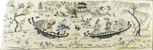 A Chinese Peking knot embroidered panel, depicting boats and river scenes, 22 cm x 65 cm
